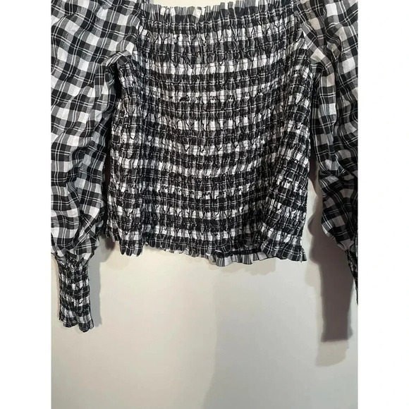 H&M Black and White Plaid Shirred Square Neck Puff Sleeve Top - Picture 3 of 8